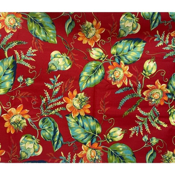 Red Floral Fabric Green Orange Pattern 44" X 92" Cotton Duck Sewing Craft - Picture 1 of 3